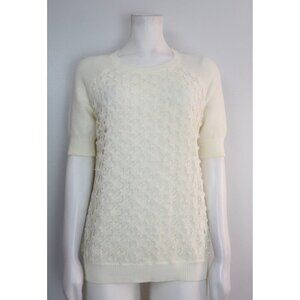 WOMEN'S IVORY WHITE SHORT SLEEVE SWEATER - LACE FRONT - DE COLLECTION - SIZE M